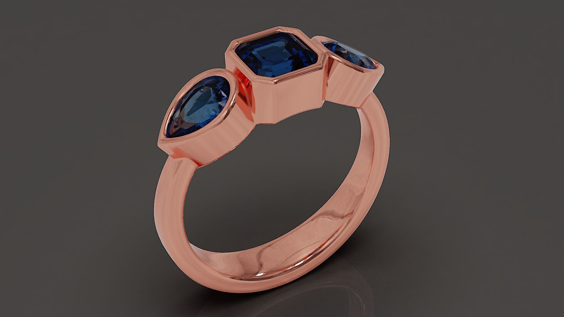 Bezel set emerald square and pear shape diamond three stone ring 3D print model_8