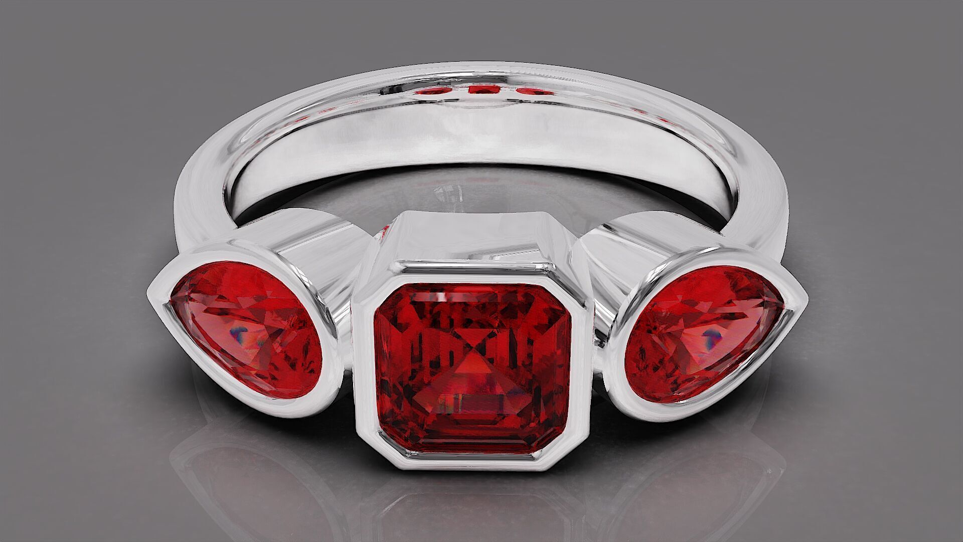 Bezel set emerald square and pear shape diamond three stone ring 3D print model_11