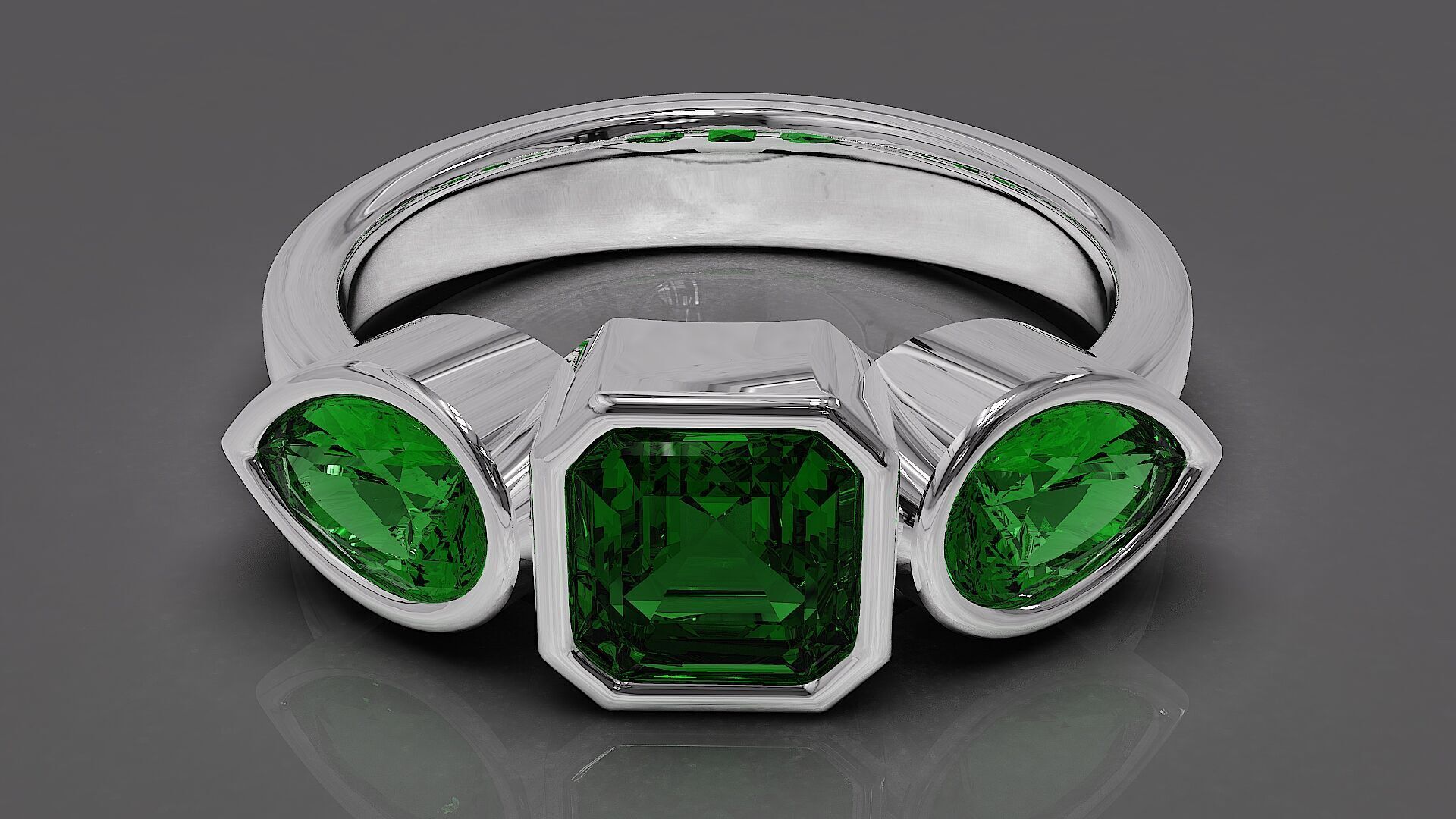 Bezel set emerald square and pear shape diamond three stone ring 3D print model_10