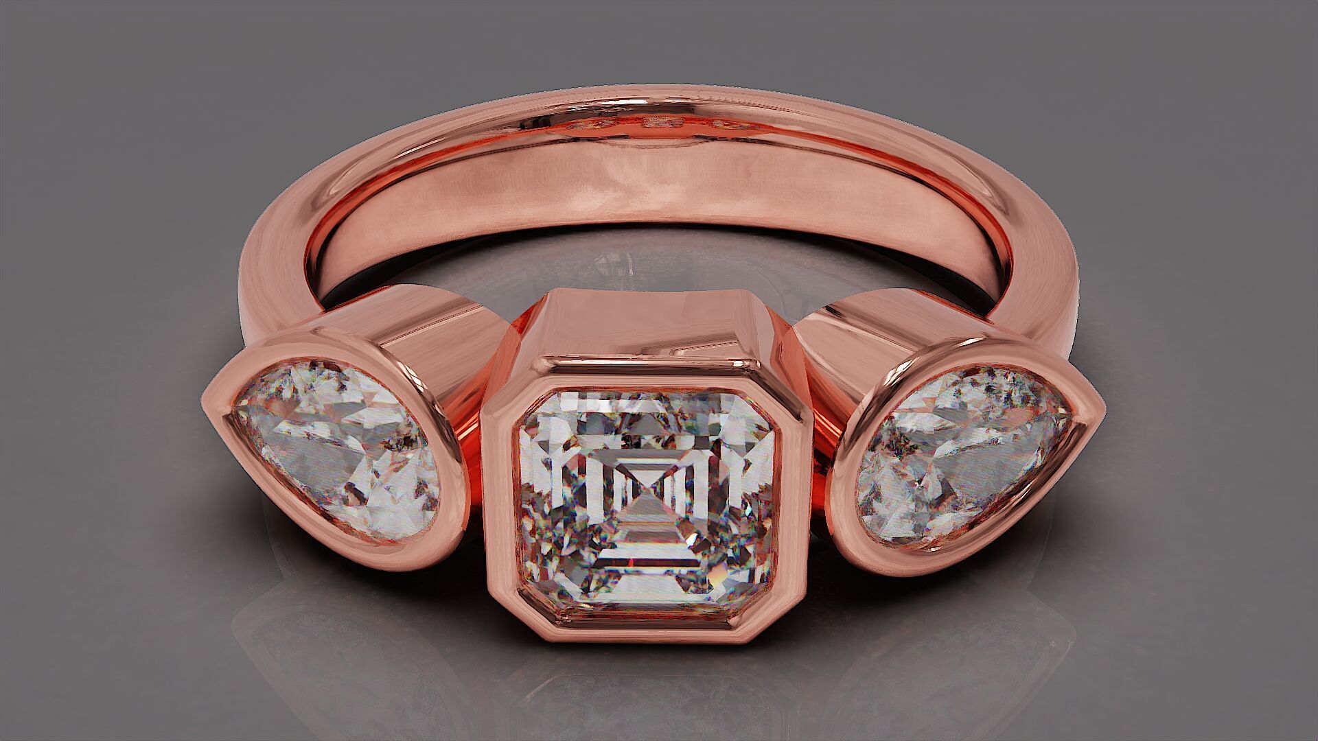 Bezel set emerald square and pear shape diamond three stone ring 3D print model_6