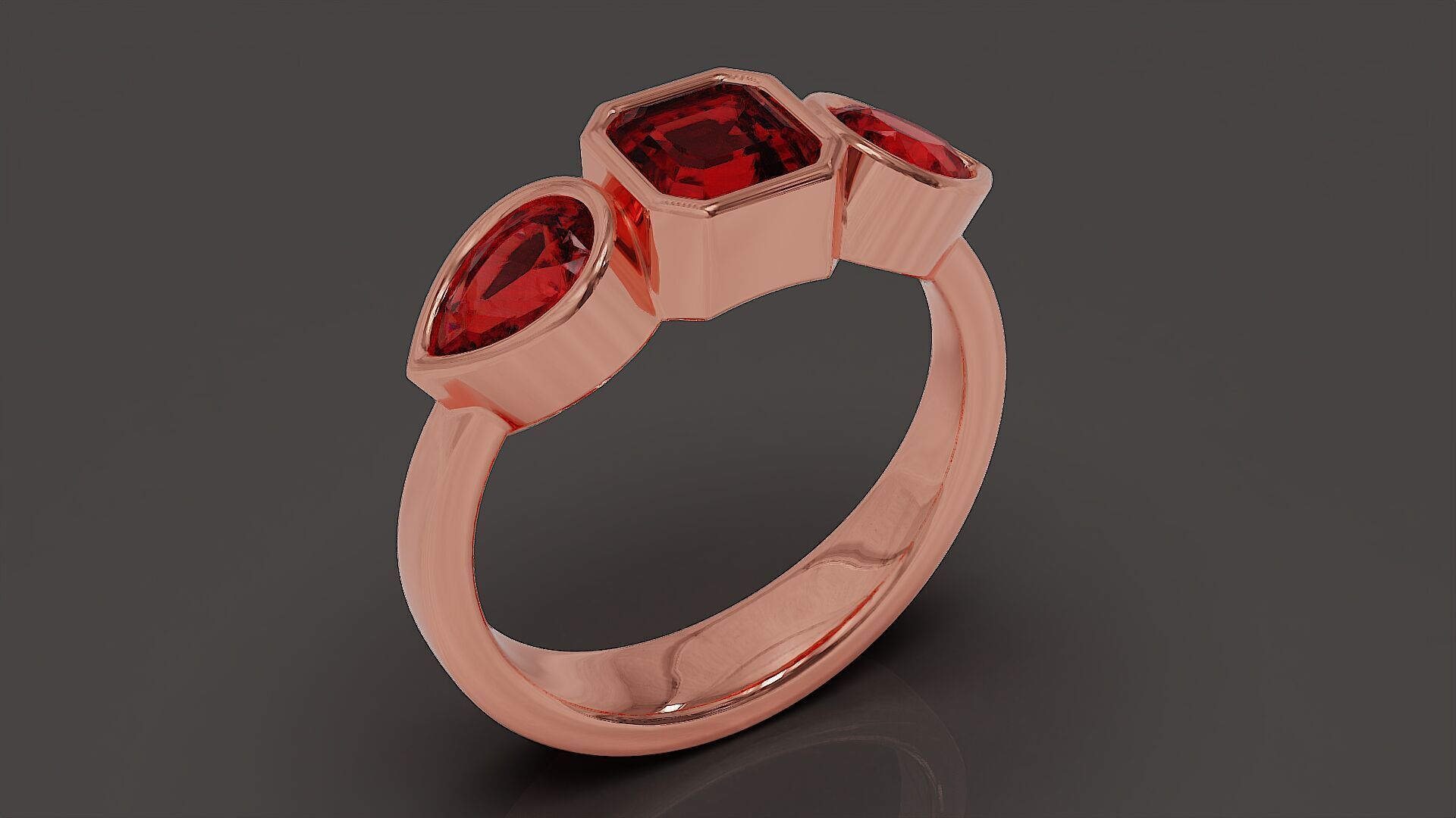 Bezel set emerald square and pear shape diamond three stone ring 3D print model_9