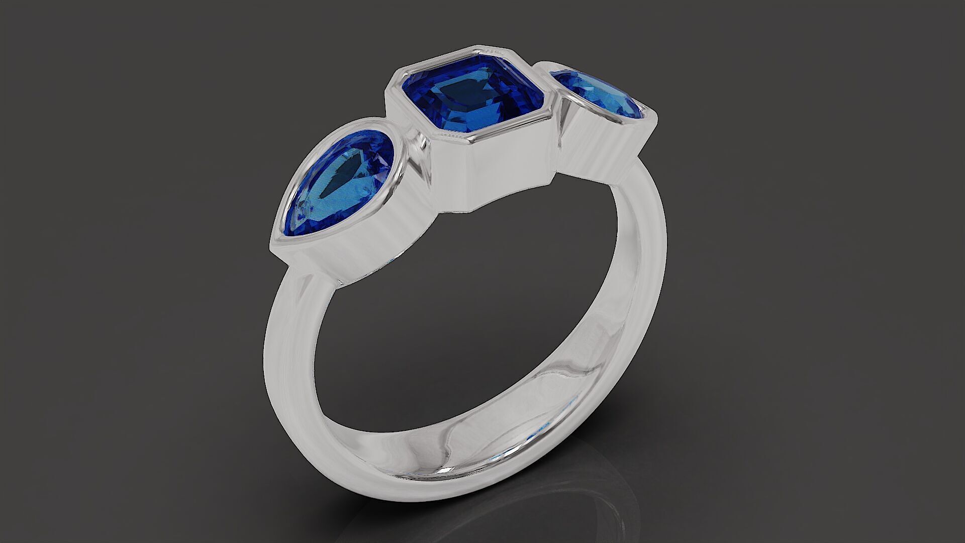 Bezel set emerald square and pear shape diamond three stone ring 3D print model_13