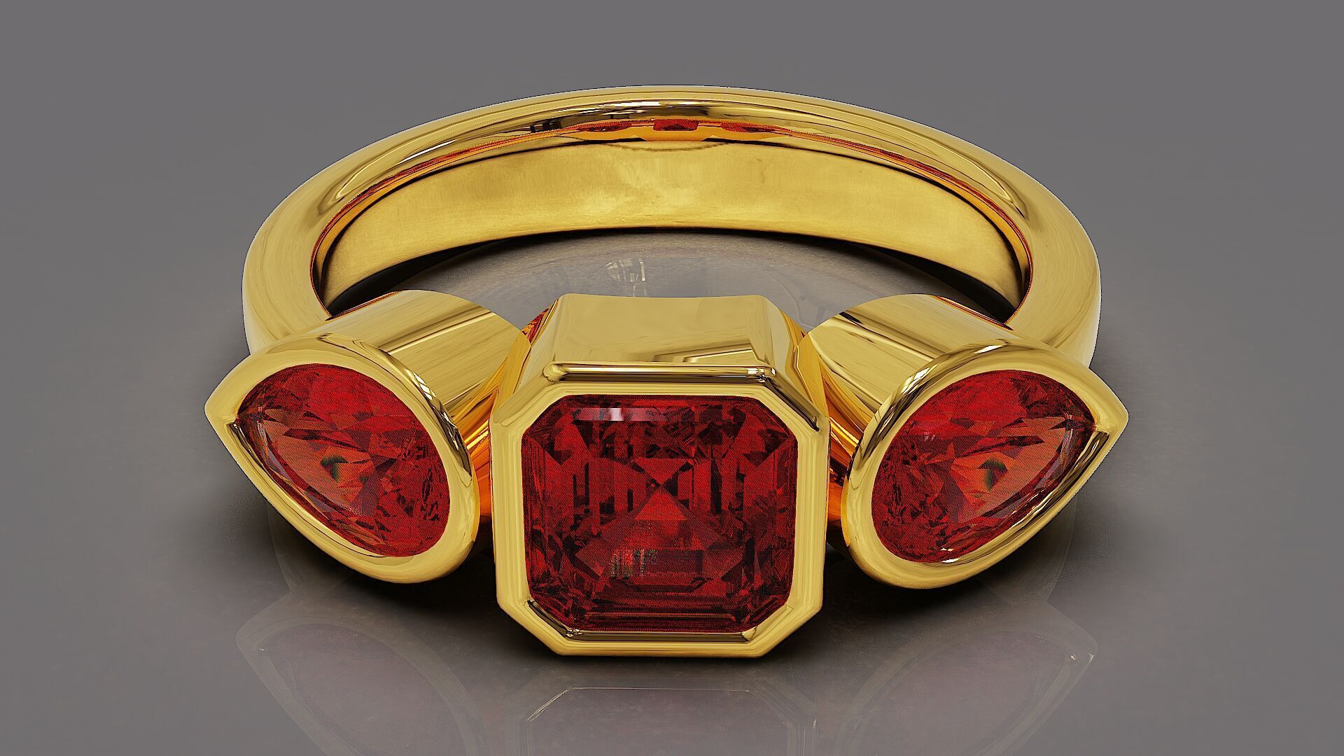 Bezel set emerald square and pear shape diamond three stone ring 3D print model_1