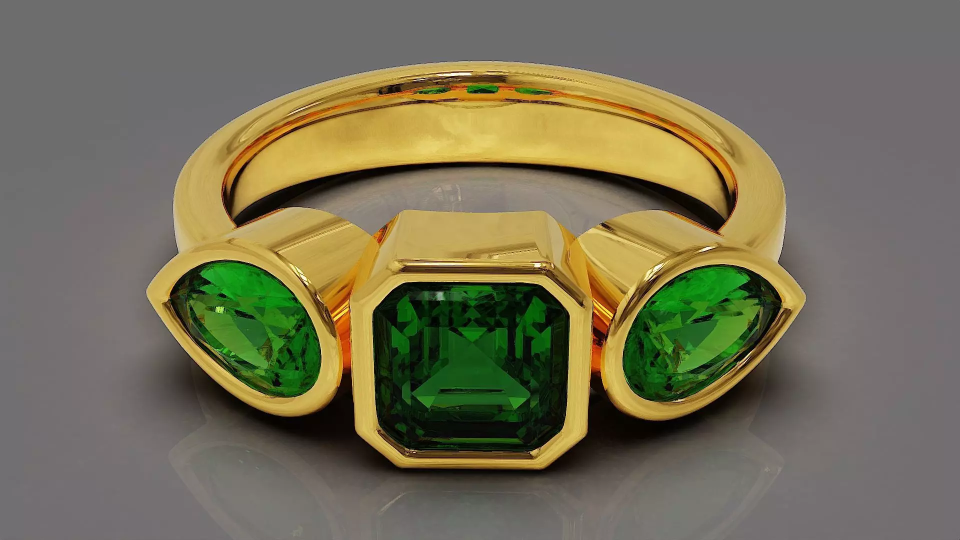 Bezel set emerald square and pear shape diamond three stone ring 3D print model_0