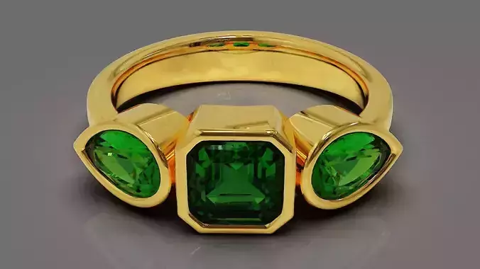 Bezel set emerald square and pear shape diamond three stone ring