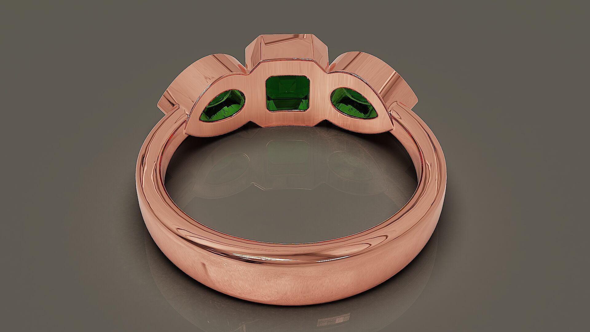 Bezel set emerald square and pear shape diamond three stone ring 3D print model_7