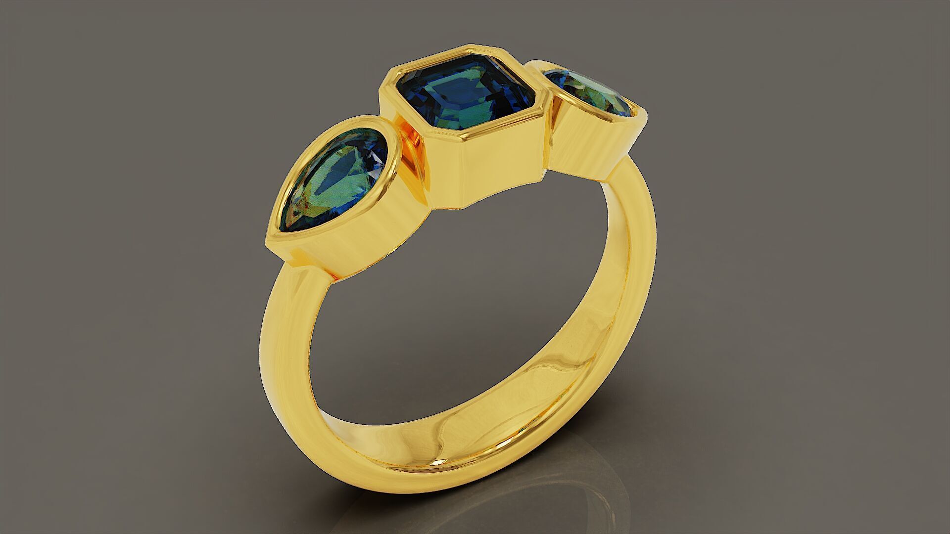 Bezel set emerald square and pear shape diamond three stone ring 3D print model_4