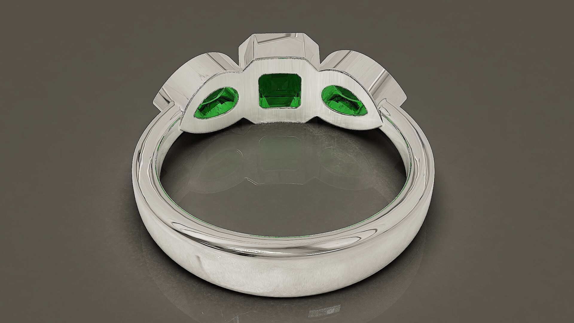 Bezel set emerald square and pear shape diamond three stone ring 3D print model_12