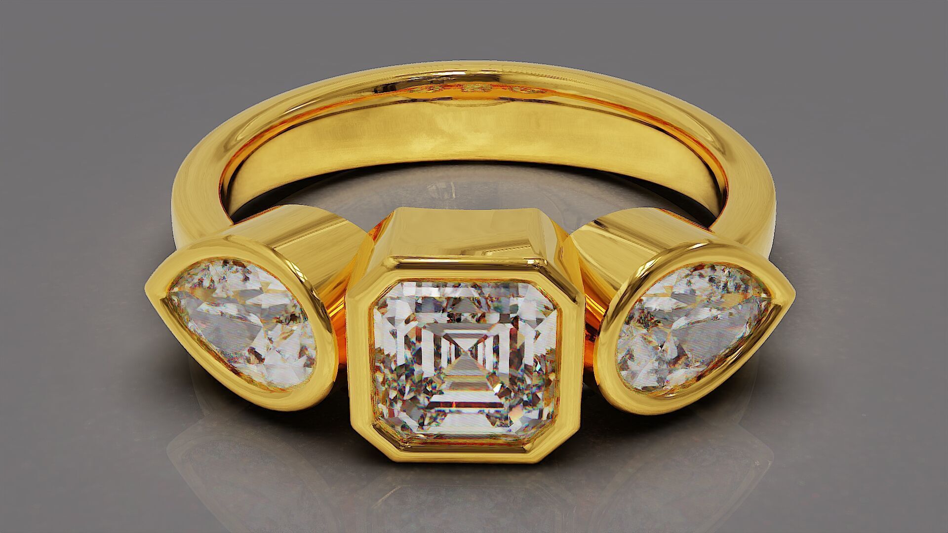 Bezel set emerald square and pear shape diamond three stone ring 3D print model_2