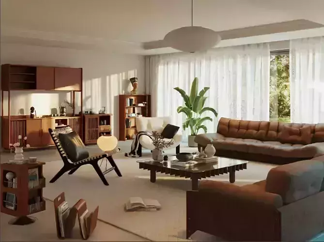 Mid-century wabi-sabi style living room 3D model