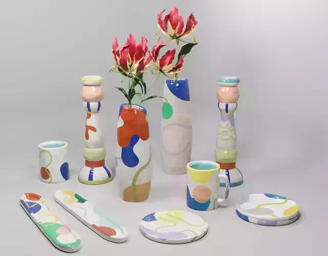 Modern Clay Decor Set - Memphis Style with Gloriosa Lily