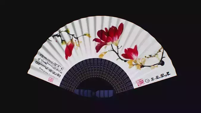 Paper Hand Fan White with Red Flower Asian War Plumage Plume Low-poly 3D model