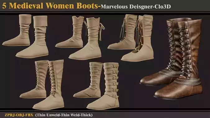5 Medieval Women Boots-MD-Clo3D -ZPRJ- FBX -OBJ