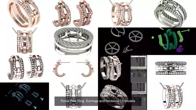 Force Rise Ring  Earrings and Necklace 3D Model Collection
