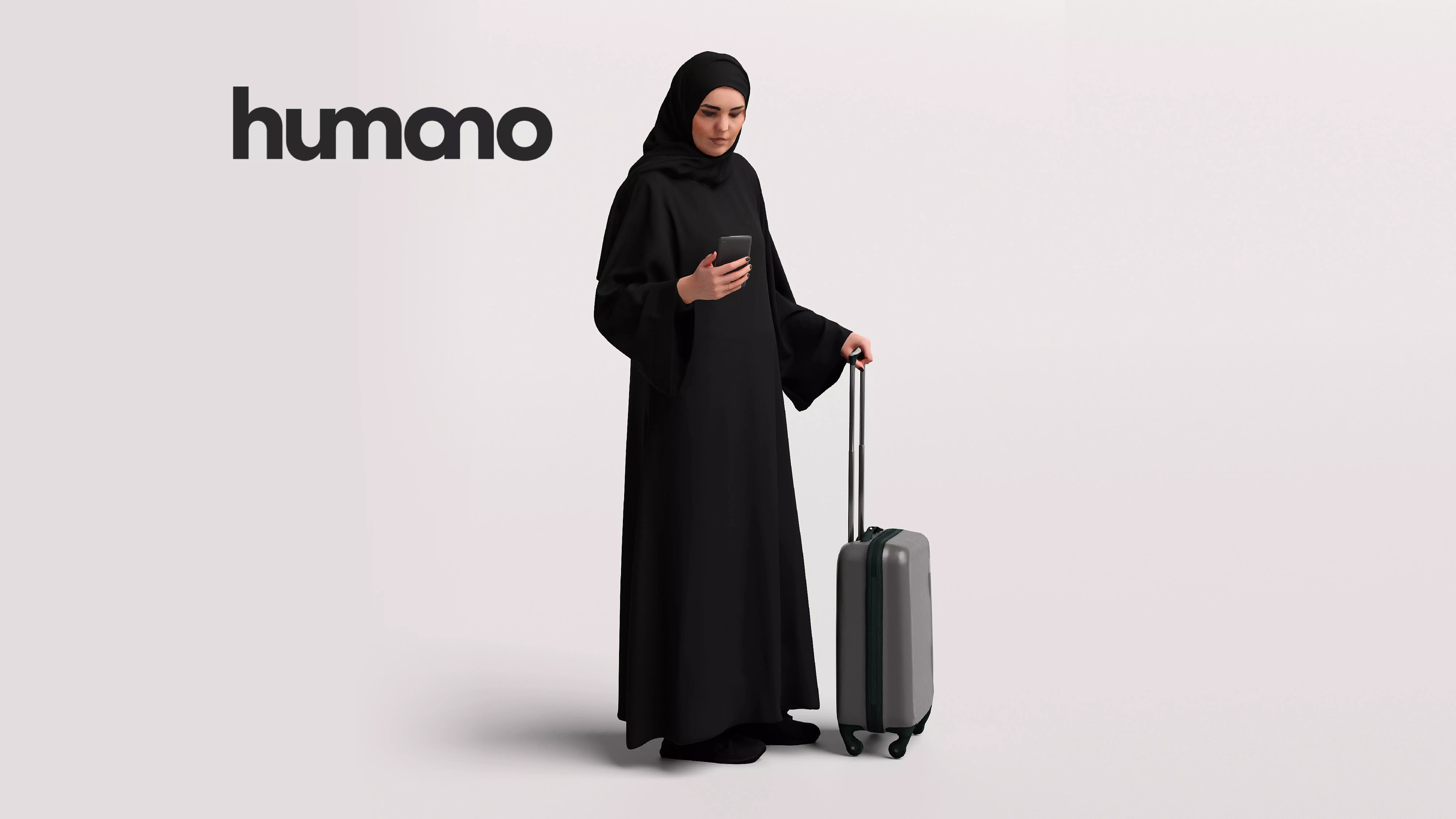 Humano Arab Woman in abaya standing with suitcase -2407-085-6178 3D model