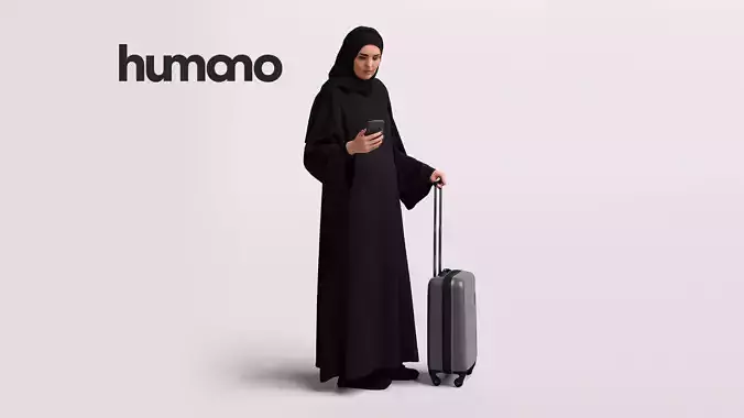 Humano Arab Woman in abaya standing with suitcase -2407-085-6178