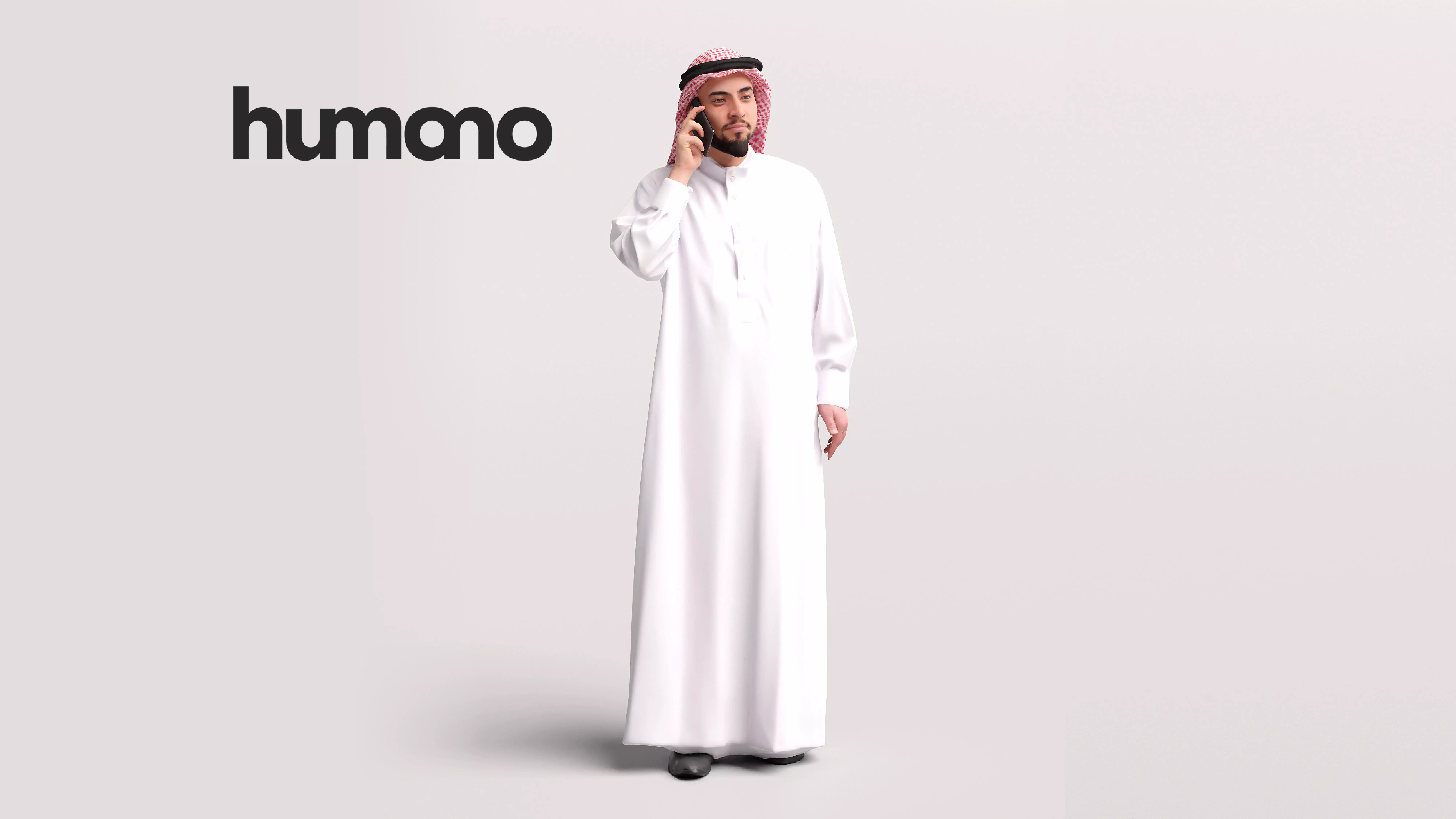 Humano Arab Man in thobe standing  with phone -2407-067-6055 3D model_0