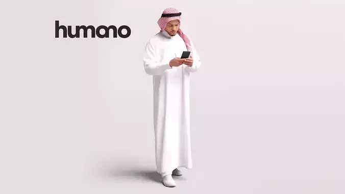 Humano Arab Man in thobe standing with phone -2407-066-6845