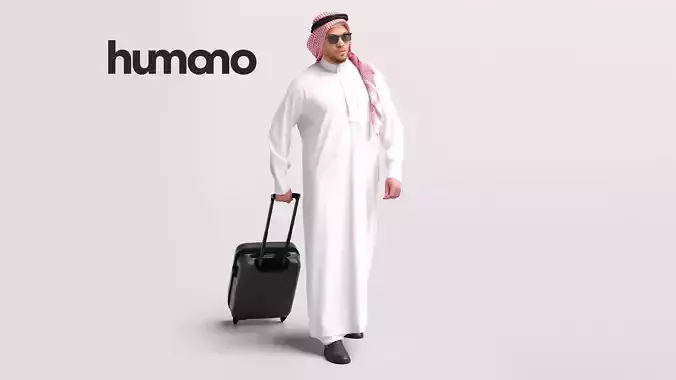 Humano Arab Man in thobe walking with suitcase -2407-066-6838