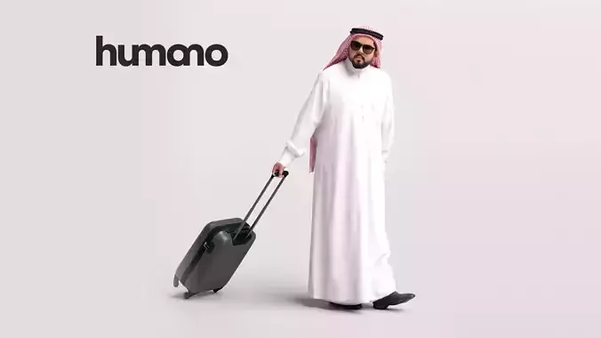 Humano Arab Man in thobe walking with suitcase -2407-065-7069