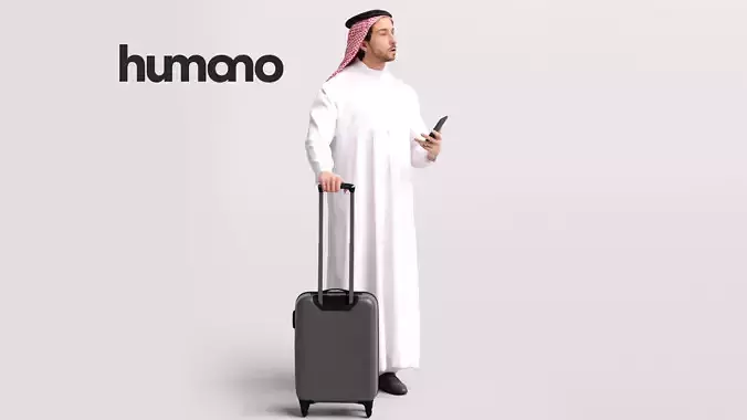 Humano Arab Man in thobe standing with suitcase -2407-062-6685