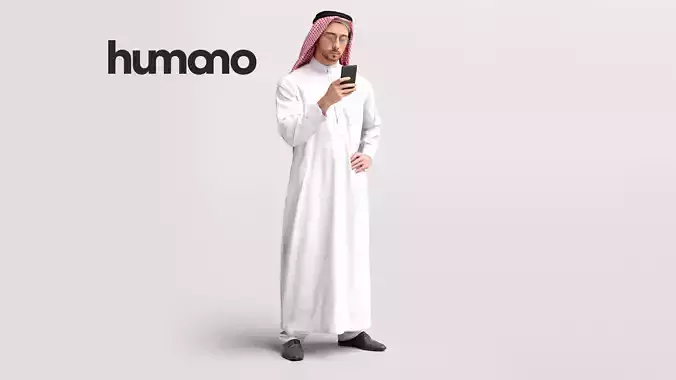 Humano Arab Man in thobe standing with phone -2407-062-6661