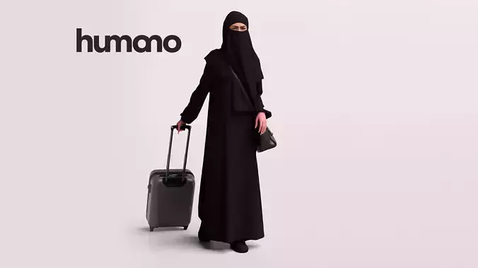 Humano Arab Woman in abaya walking with suitcase -2407-052-6564