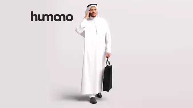 Humano Arab Man in thobe walking with bag phone -2408-066-6912