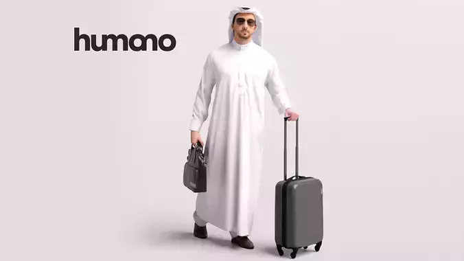 Humano Arab Man in thobe walking with suitcase -2408-062-6739