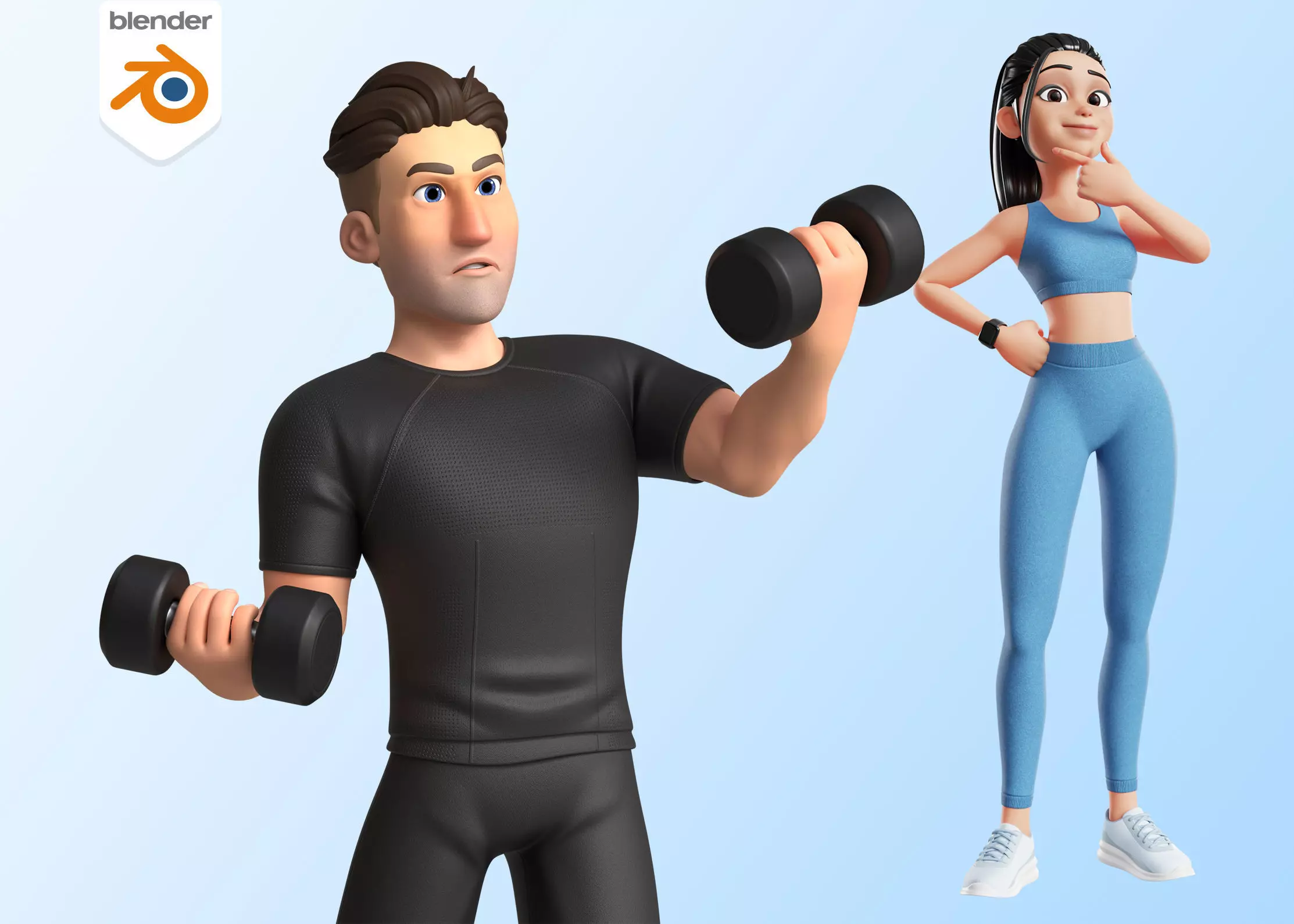 Cartoon Fitness Sports Man and Woman rigged 3D Model Collection_0