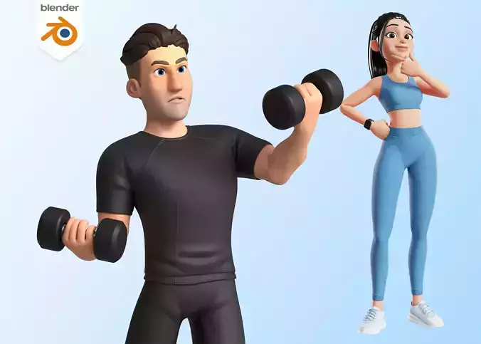 Cartoon Fitness Sports Man and Woman rigged 3D Model Collection