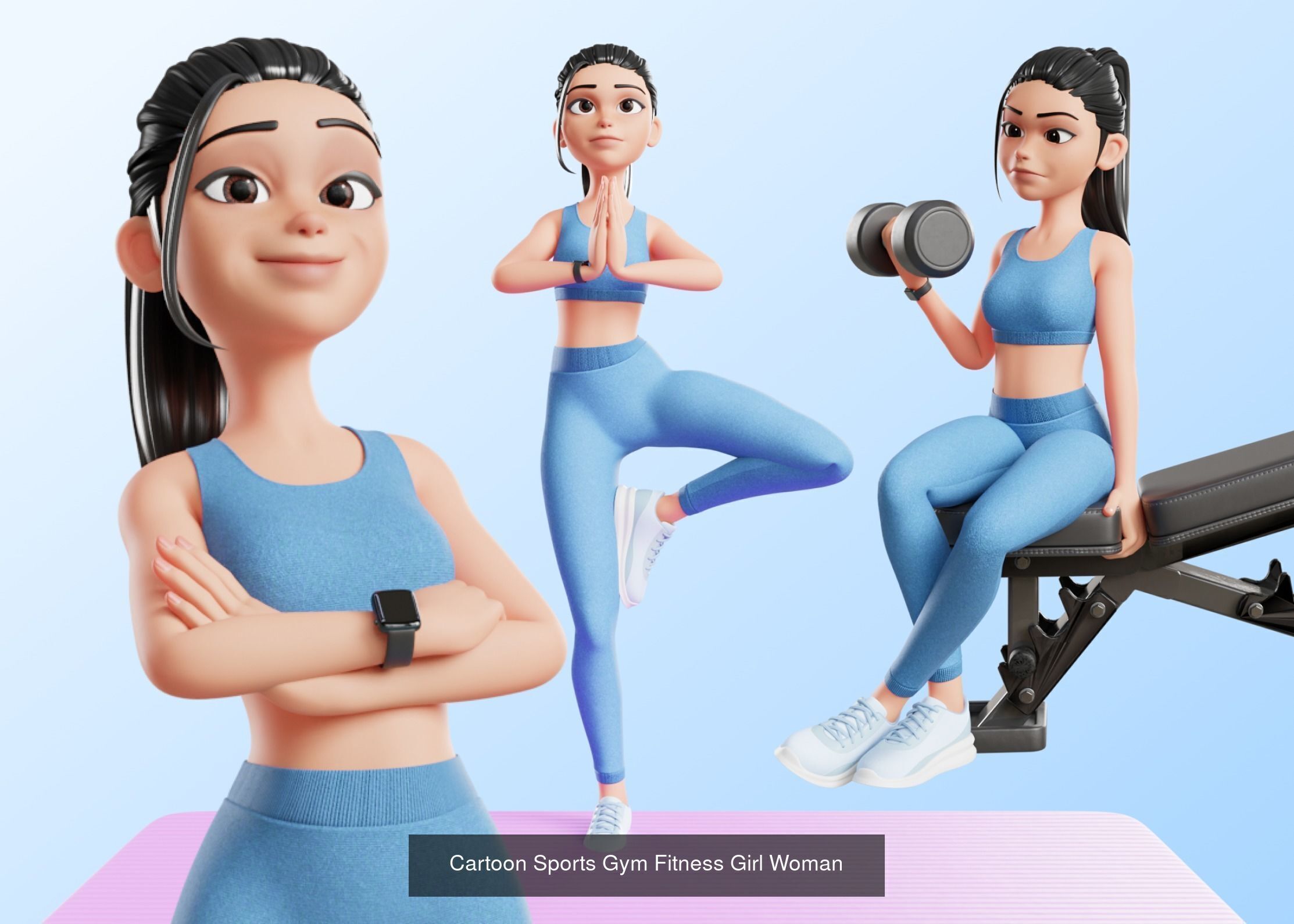 Cartoon Fitness Sports Man and Woman rigged 3D Model Collection_4