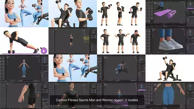 Cartoon Fitness Sports Man and Woman rigged
