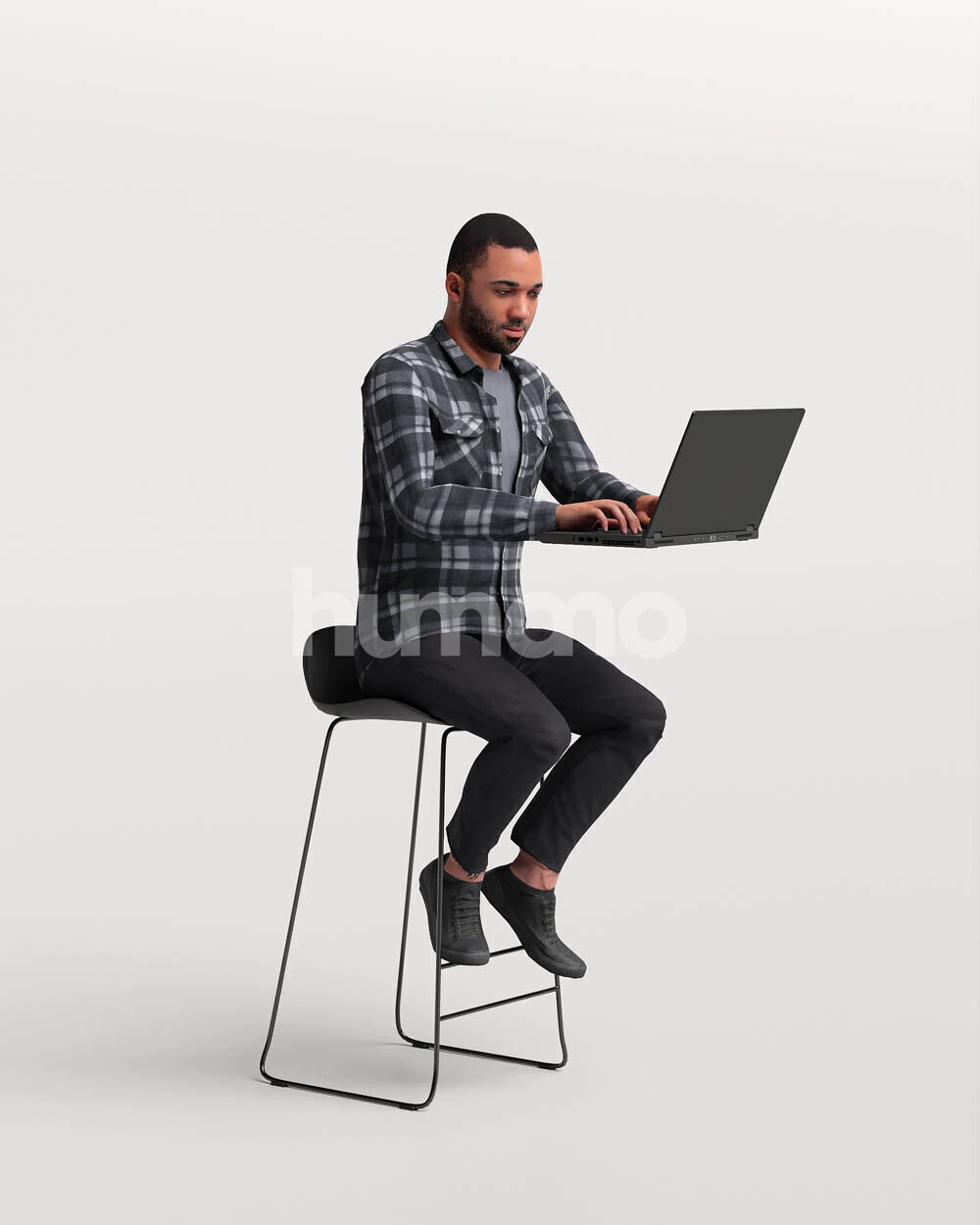 Humano Man sitting on a stool working on laptop -2502-063-2863 3D model_5