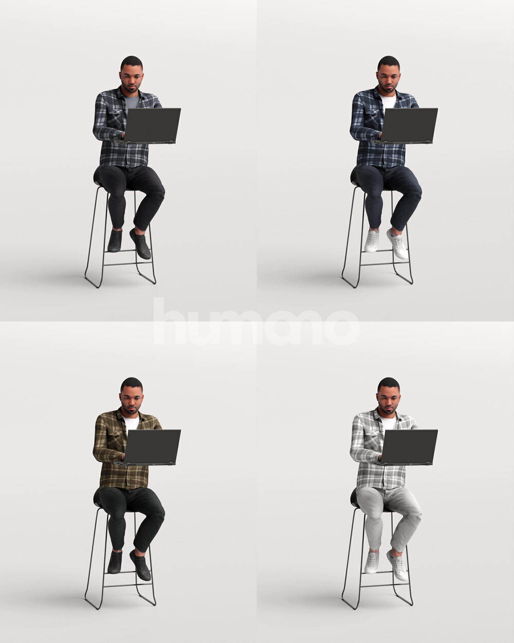 Humano Man sitting on a stool working on laptop -2502-063-2863 3D model_2