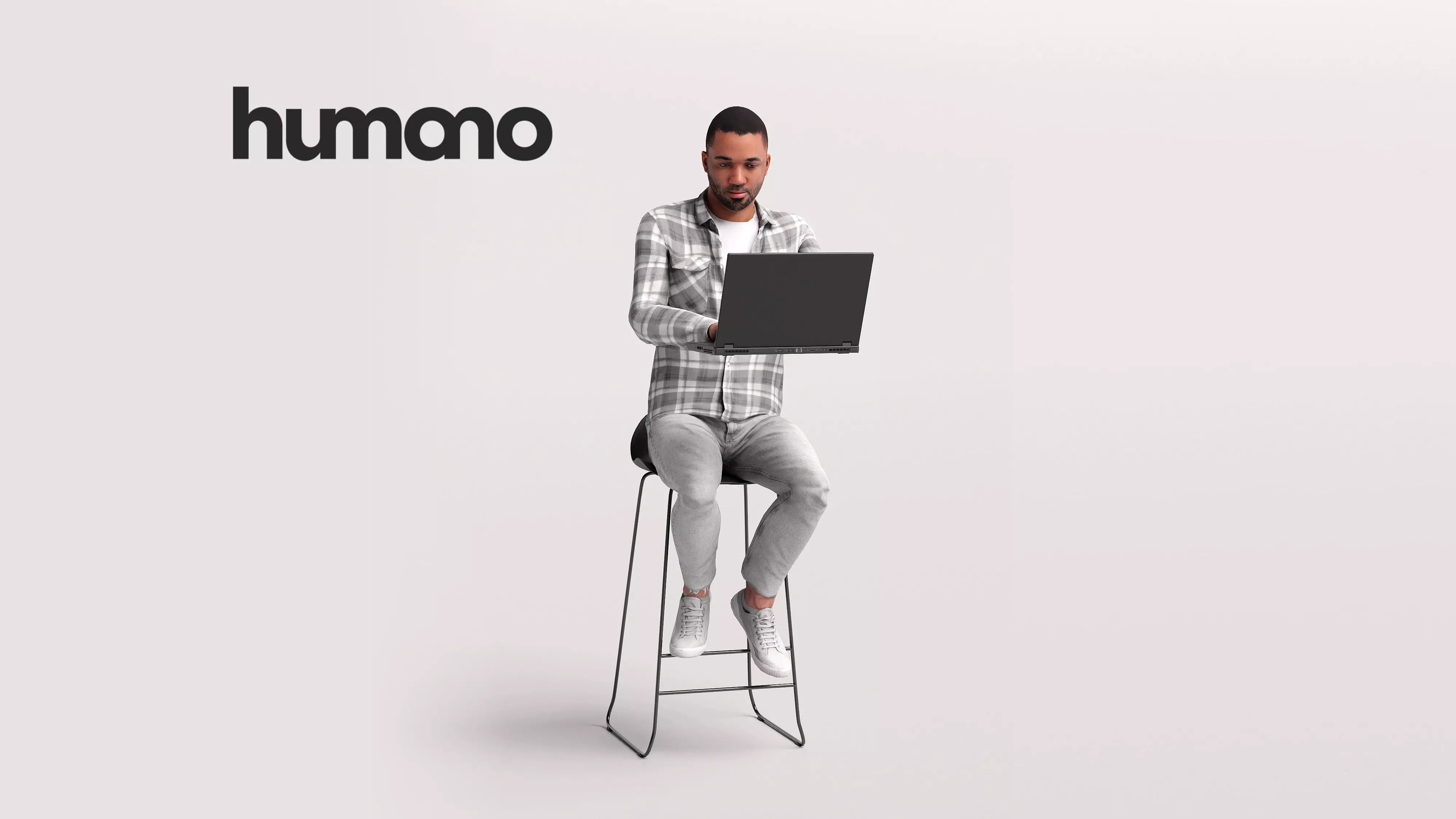 Humano Man sitting on a stool working on laptop -2502-063-2863 3D model_0