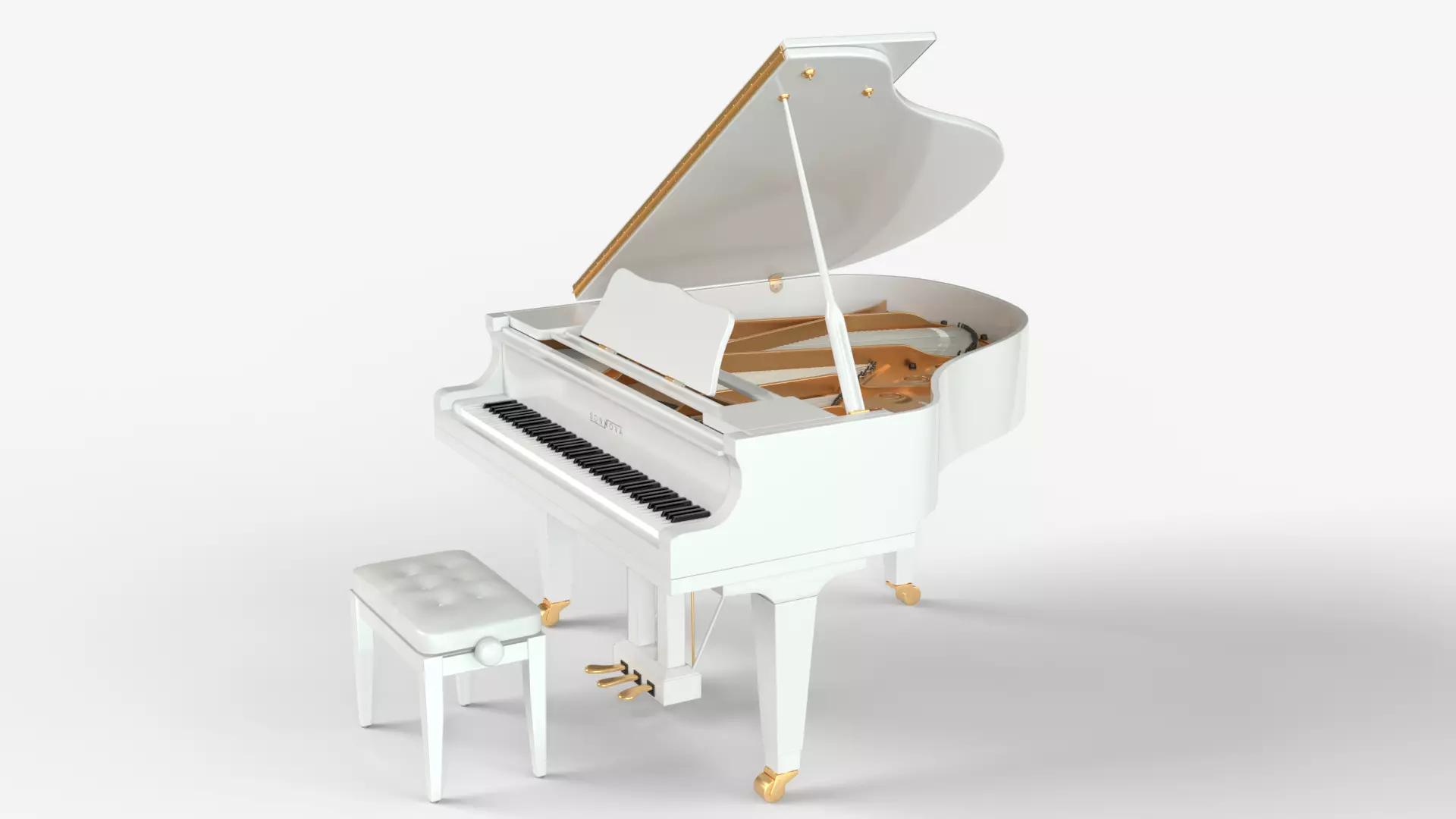 White Classic Grand Piano with chair 3D model