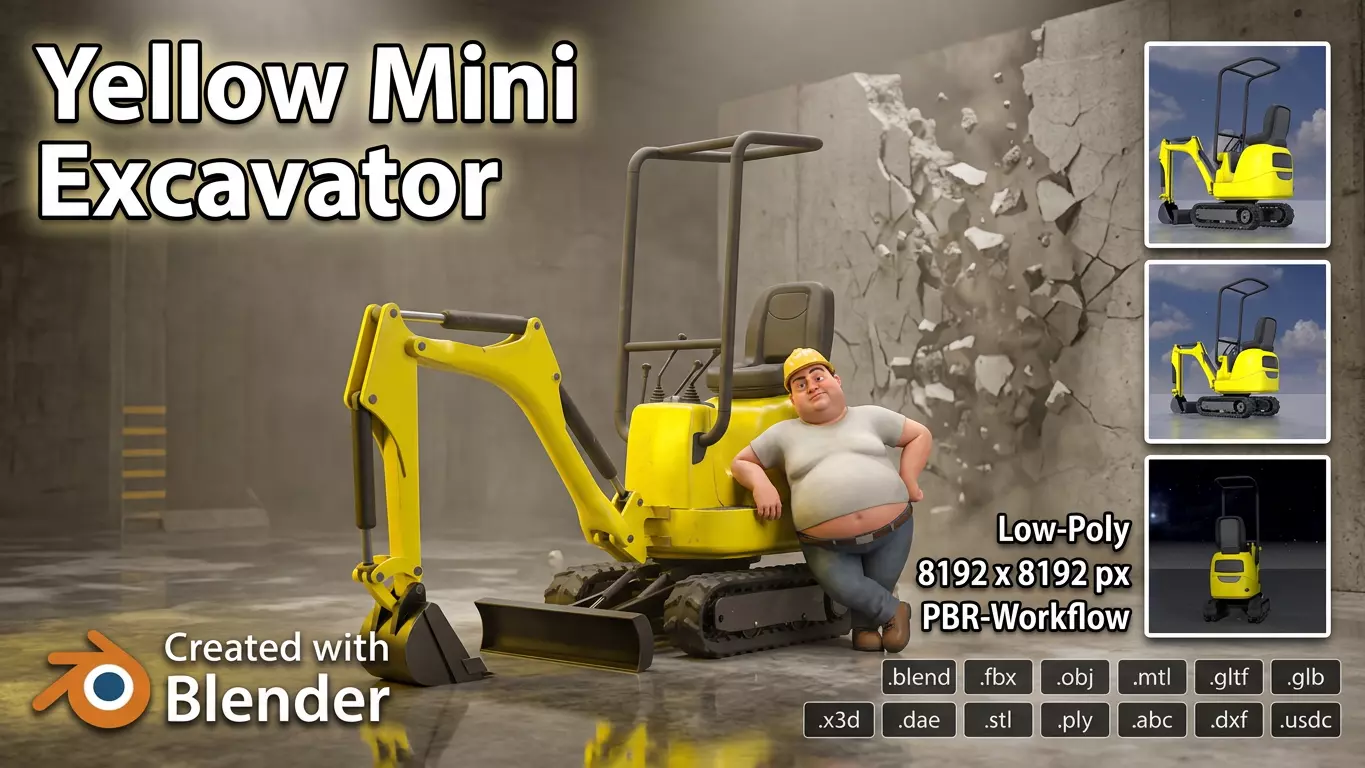 Mini-Digger Yellow Low-poly 3D model