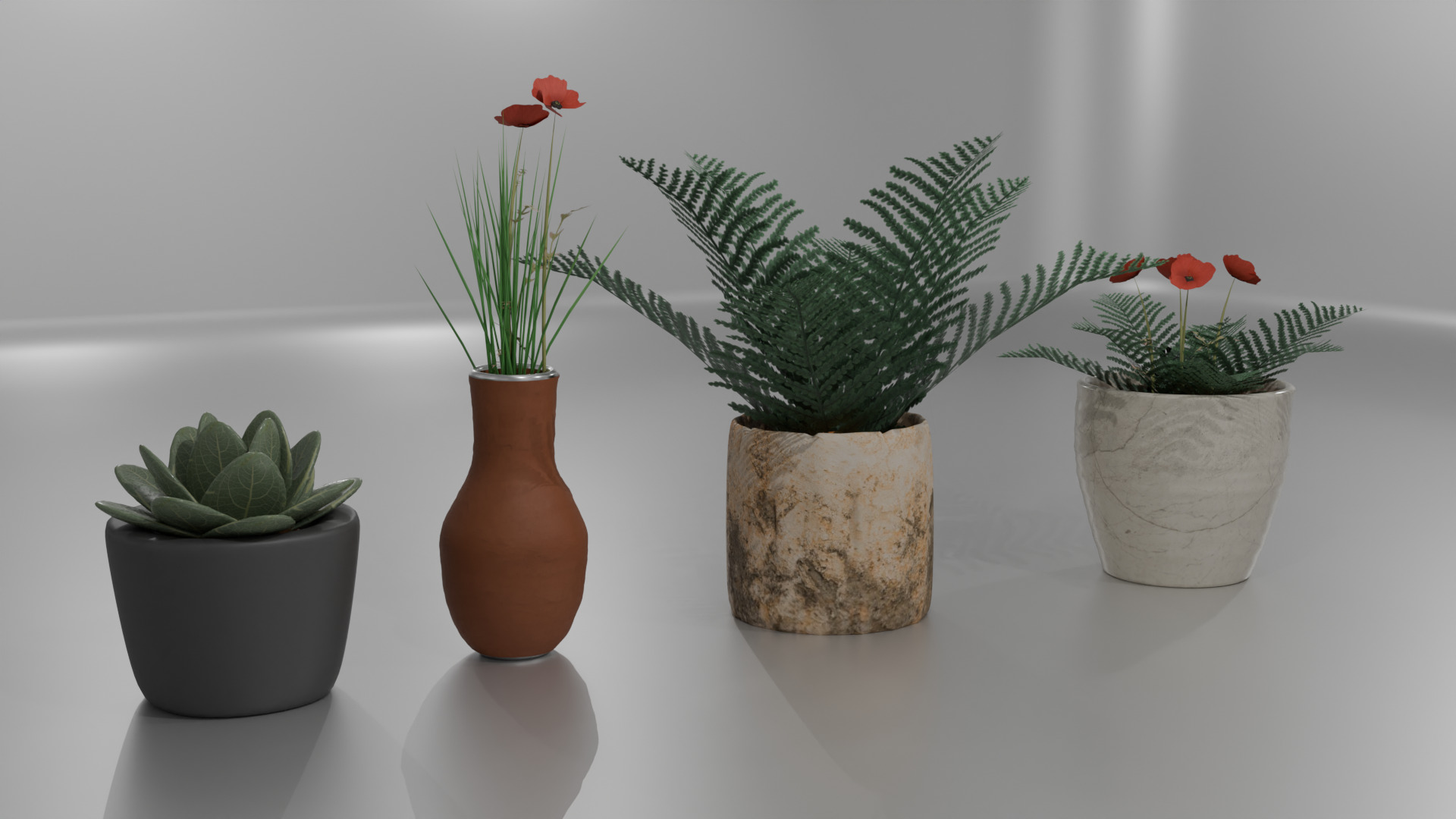 Decorative Flower Pot Set 6 High Poly PBR Models for Interior 3D model_9