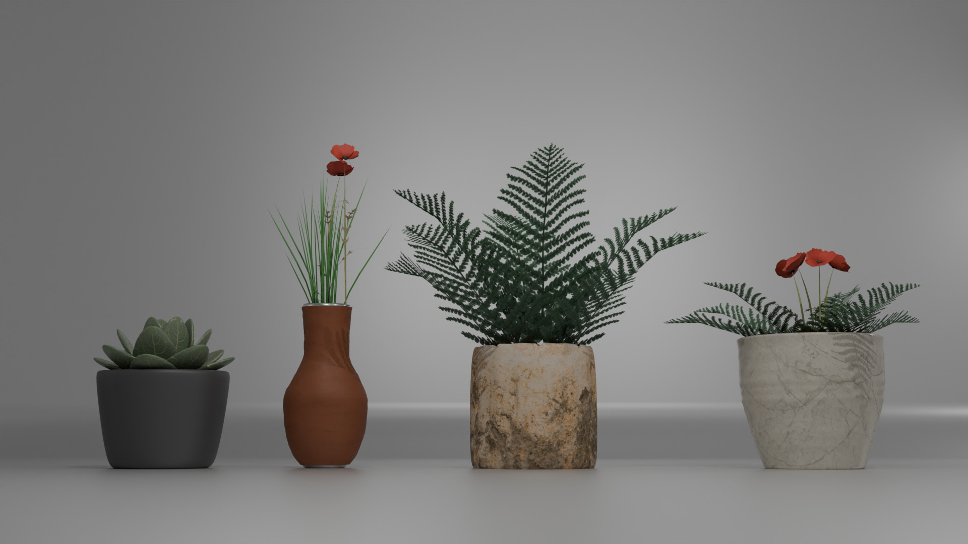 Decorative Flower Pot Set 6 High Poly PBR Models for Interior 3D model_11