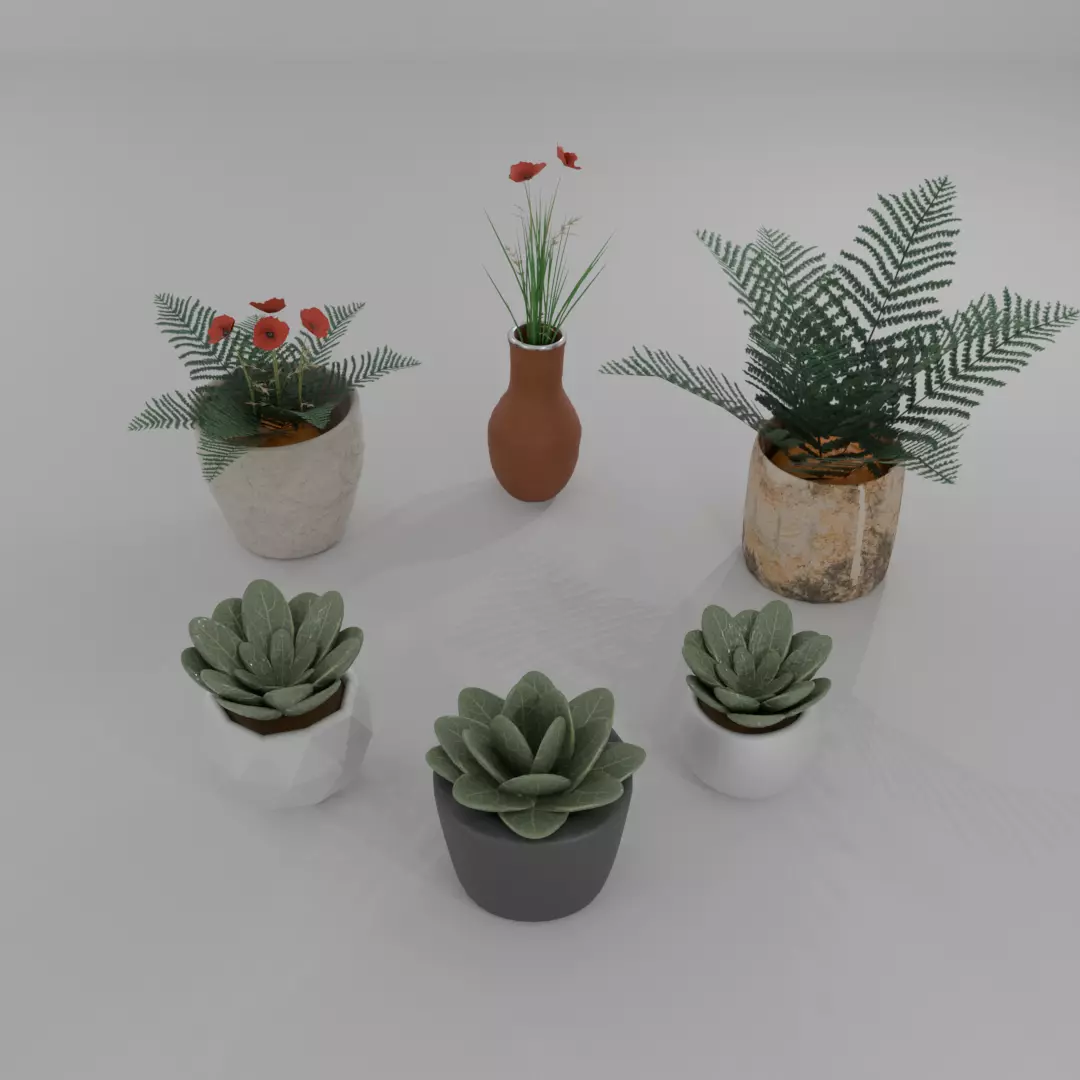 Decorative Flower Pot Set 6 High Poly PBR Models for Interior 3D model_0