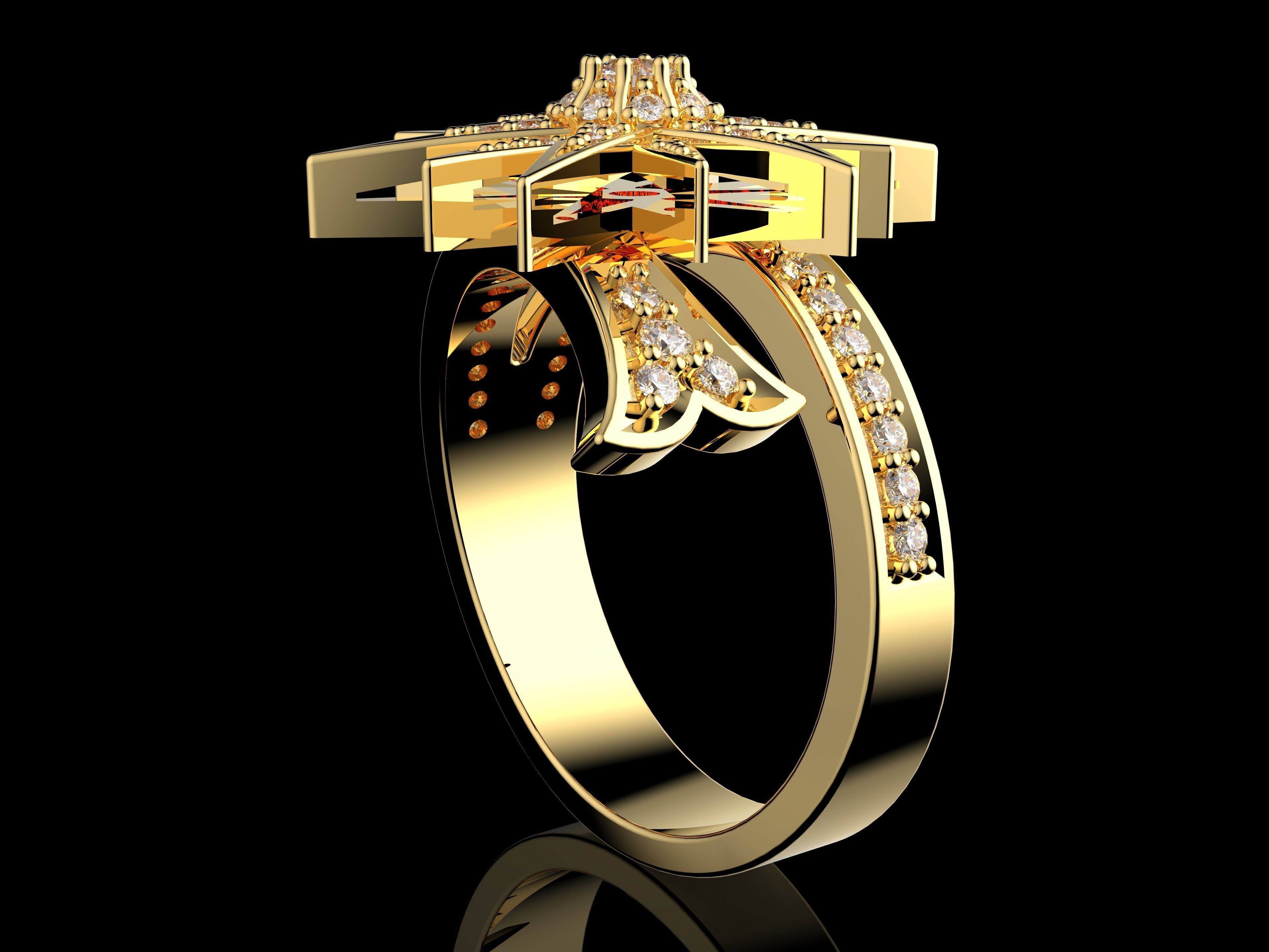 Stern Ring 3D Model Gold and Diamond Starburst Design 3D print model_4