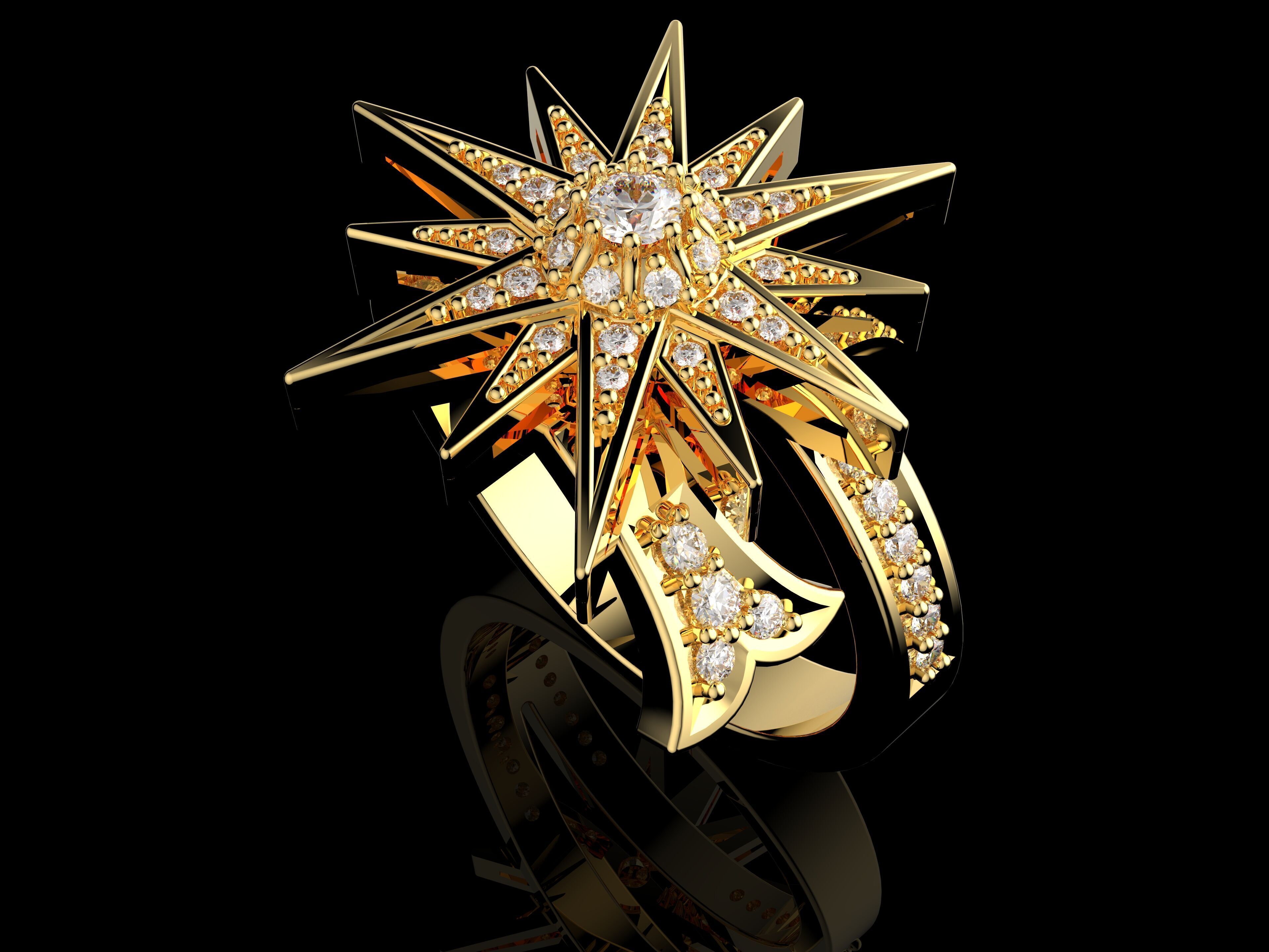 Stern Ring 3D Model Gold and Diamond Starburst Design 3D print model_2