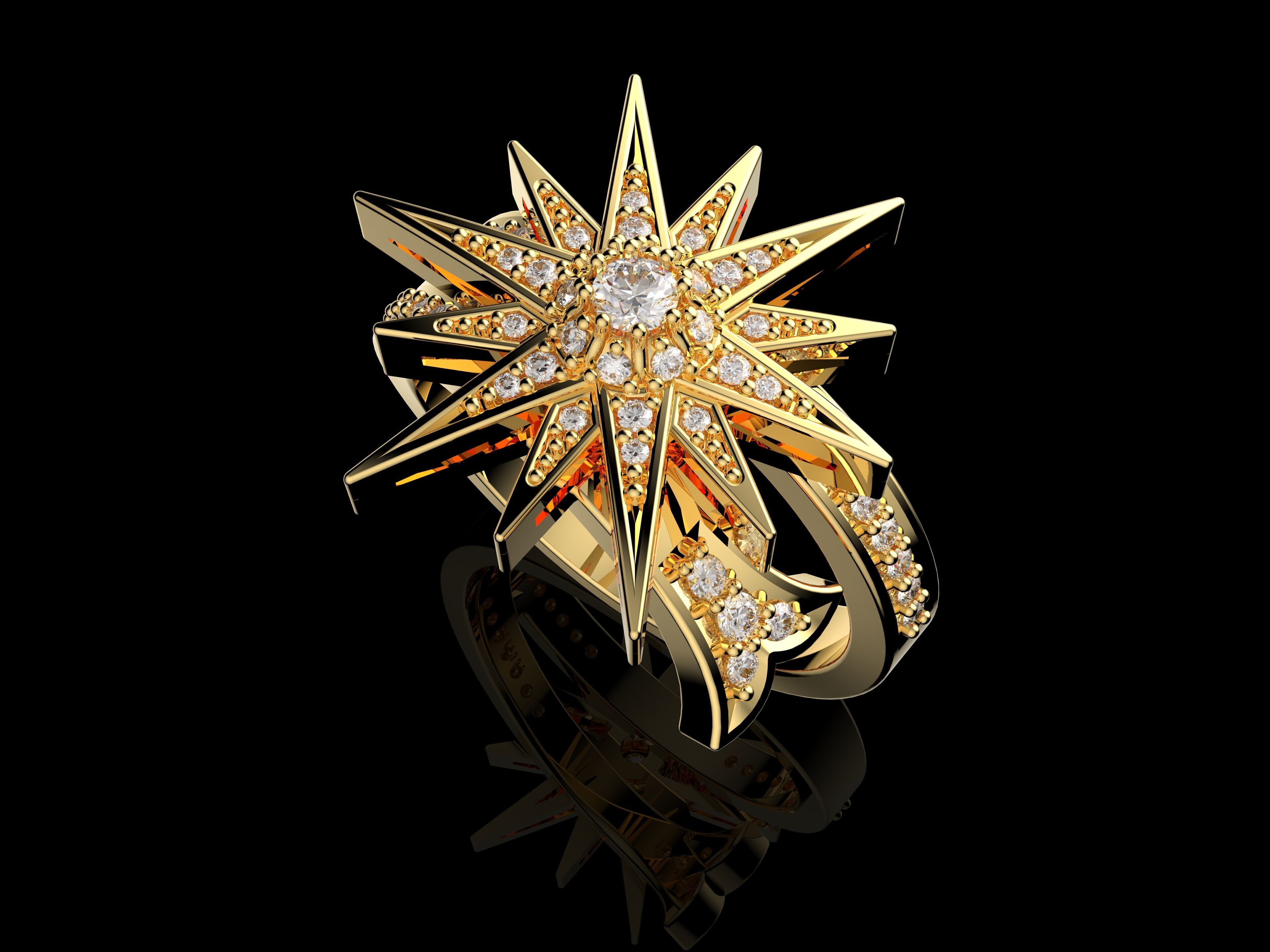 Stern Ring 3D Model Gold and Diamond Starburst Design 3D print model_5
