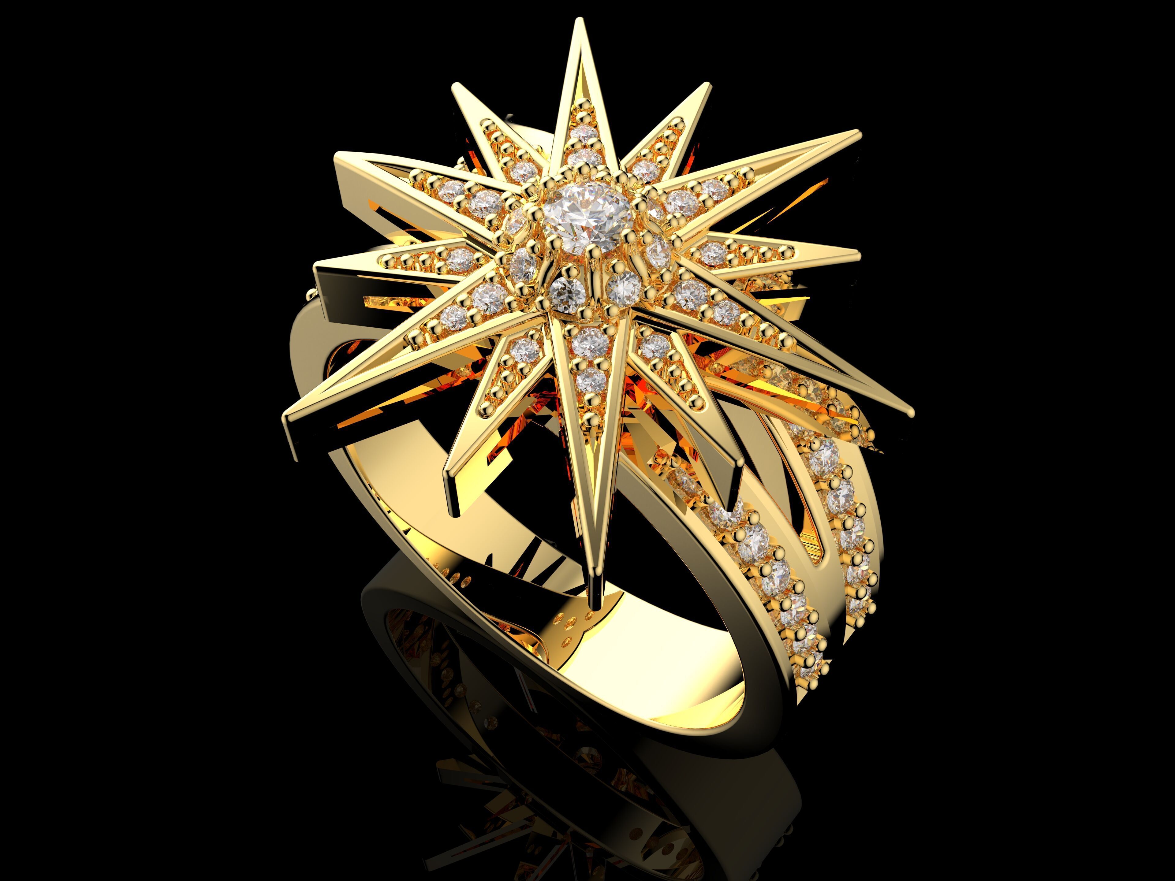 Stern Ring 3D Model Gold and Diamond Starburst Design 3D print model_3