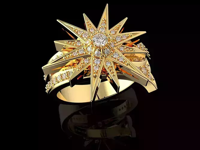 Stern Ring 3D Model Gold and Diamond Starburst Design 3D print model