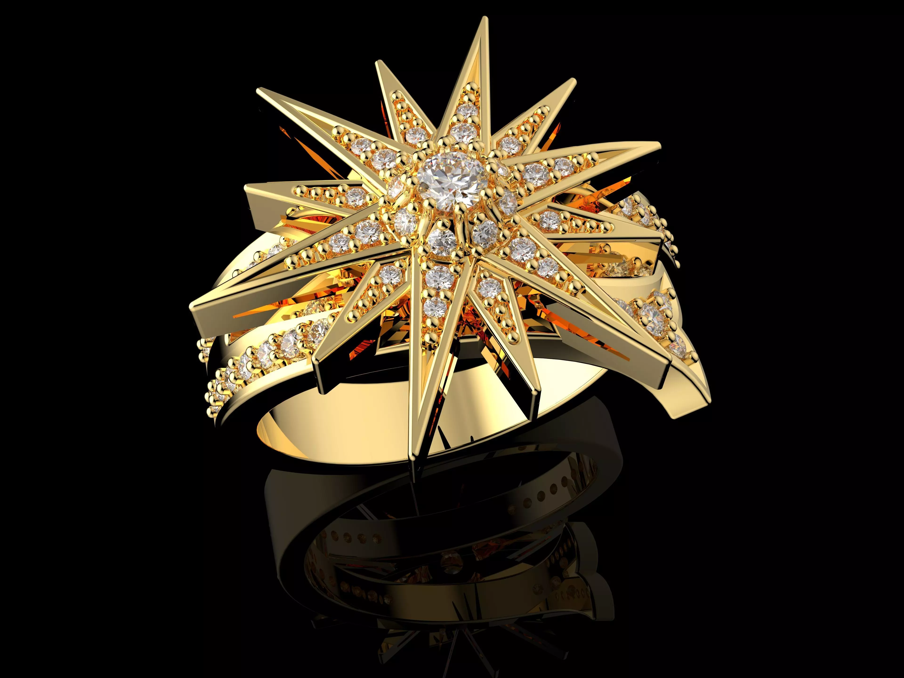Stern Ring 3D Model Gold and Diamond Starburst Design 3D print model_0