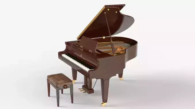 Wood Finish Classic Grand Piano with chair 3D model