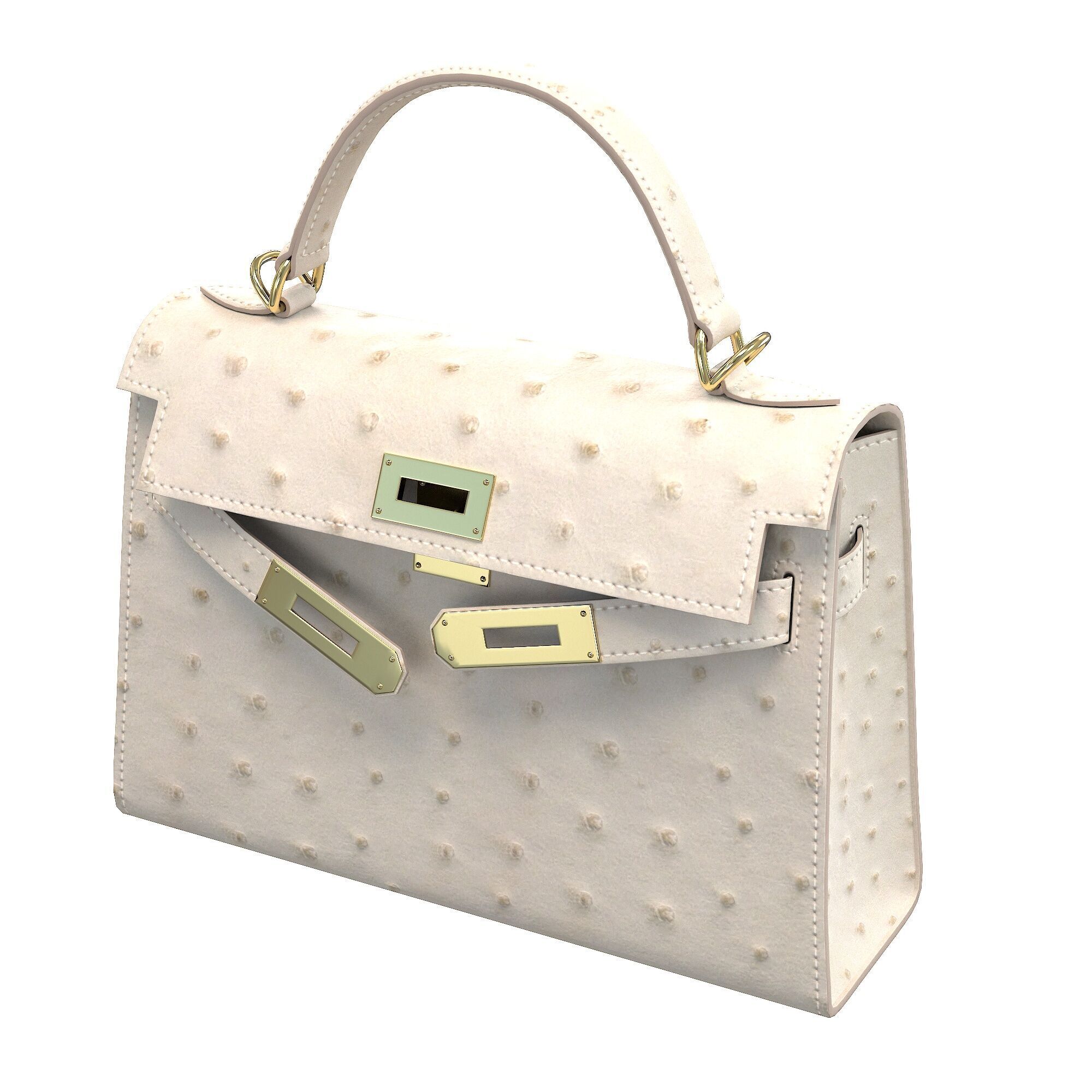 Hermes Kelly Bag Cream Ostrich Low-poly 3D model_1