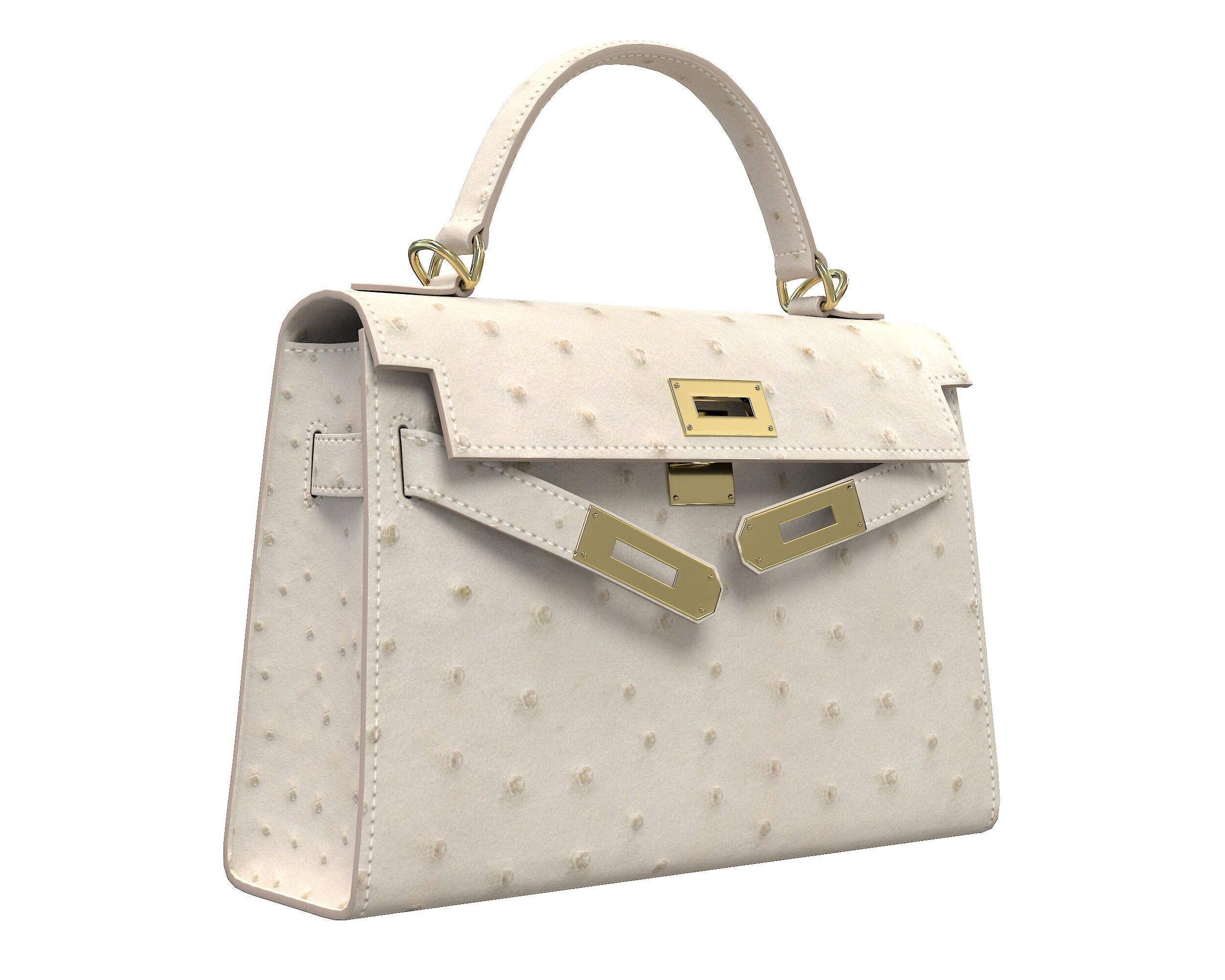 Hermes Kelly Bag Cream Ostrich Low-poly 3D model_2